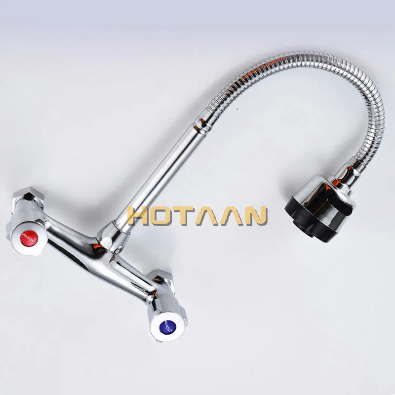 Wall Mounted Kitchen Faucet Hot & Cold Water Mixer Crane Dual Handle Dual Hole Kitchen Sink Tap Copper Chrome Plated YT-6029