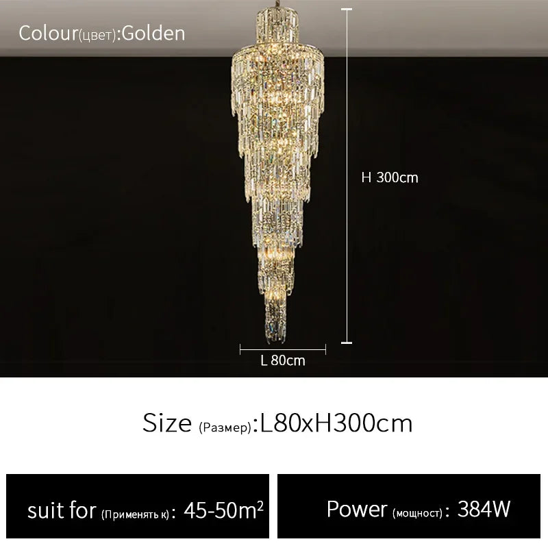 Villa Living Room Crystal Chandelier Hotel Hall Luxury Lighting for Duplex Floor Rotating Staircase Long Chandelier Decoration