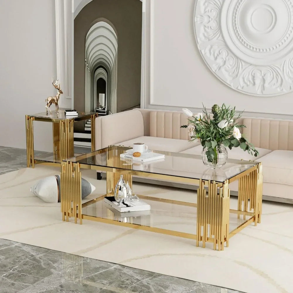 Modern Gold Coffee Table 51 Inch Rectangular Clear Tempered Glass