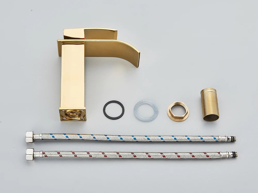 Brushed Gold Basin Sink Faucet Waterfall Outlet Vanity Hot Cold Mixer Tap Deck Mount Taps Washbasin Faucet for Bathroom