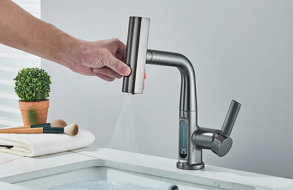 Waterfall Temperature Digital Display Basin Faucet Lift Up Down Stream Sprayer Hot Cold Water Sink Mixer Wash Tap For Bathroom