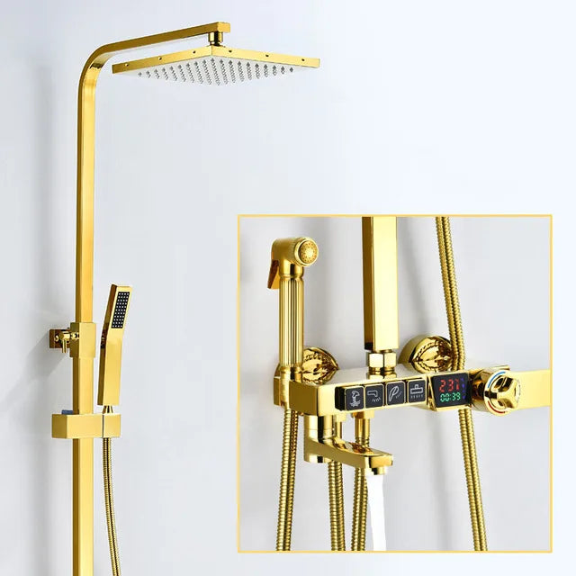 Gold Digital Shower Set Quality Brass Hot Cold Bathroom Shower Faucets Tap Rain Shower Head Golden Thermostatic Shower System