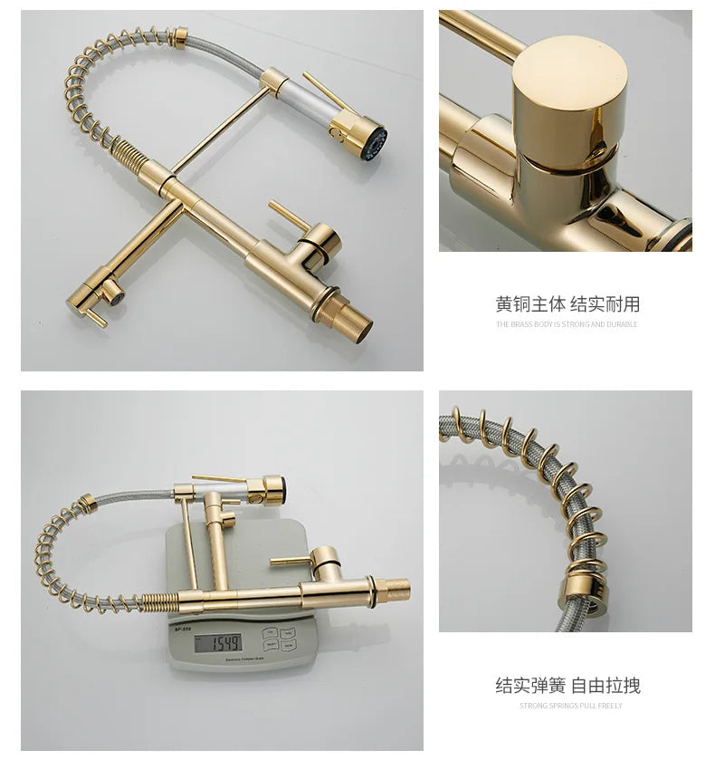 Black and Golden Brass Pulling Kitchen Sink Faucets Dual Outlet Water-Cold Hot Washing Basin Tap Deck Mounted Spring Mixer Taps