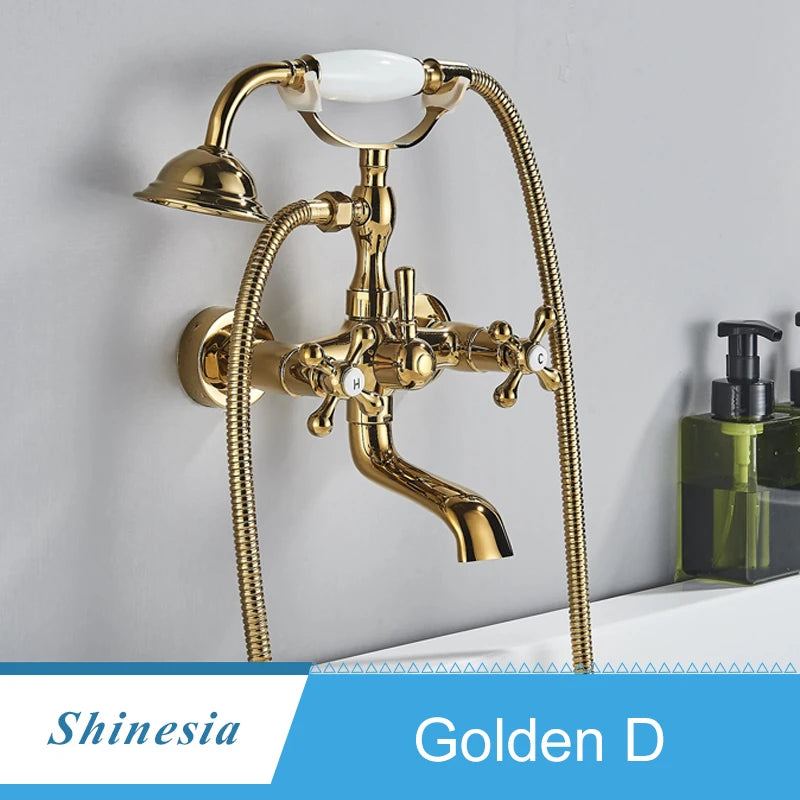 Shinesia Antique Brass Bathtub Shower Faucets Set Wall Mounted Bathroom Faucet With Shower Golden Bath Mixer