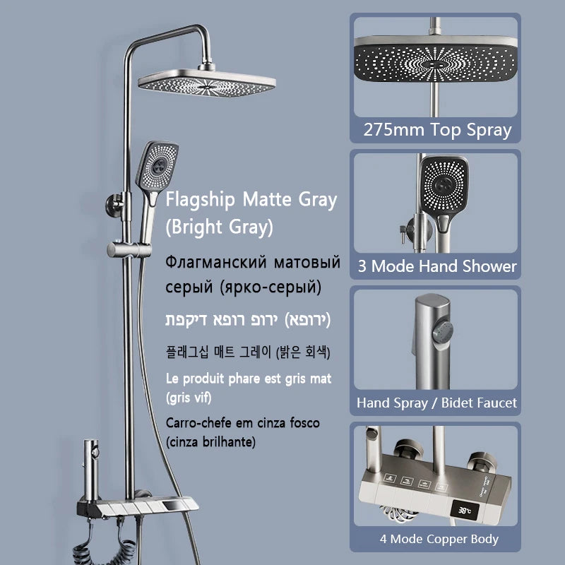 Piano Keys Shower System Set Bathroom Shower Set Gray Black Bathtub Hot and Cold Shower Faucet LED Digital Copper Tap Shower Set
