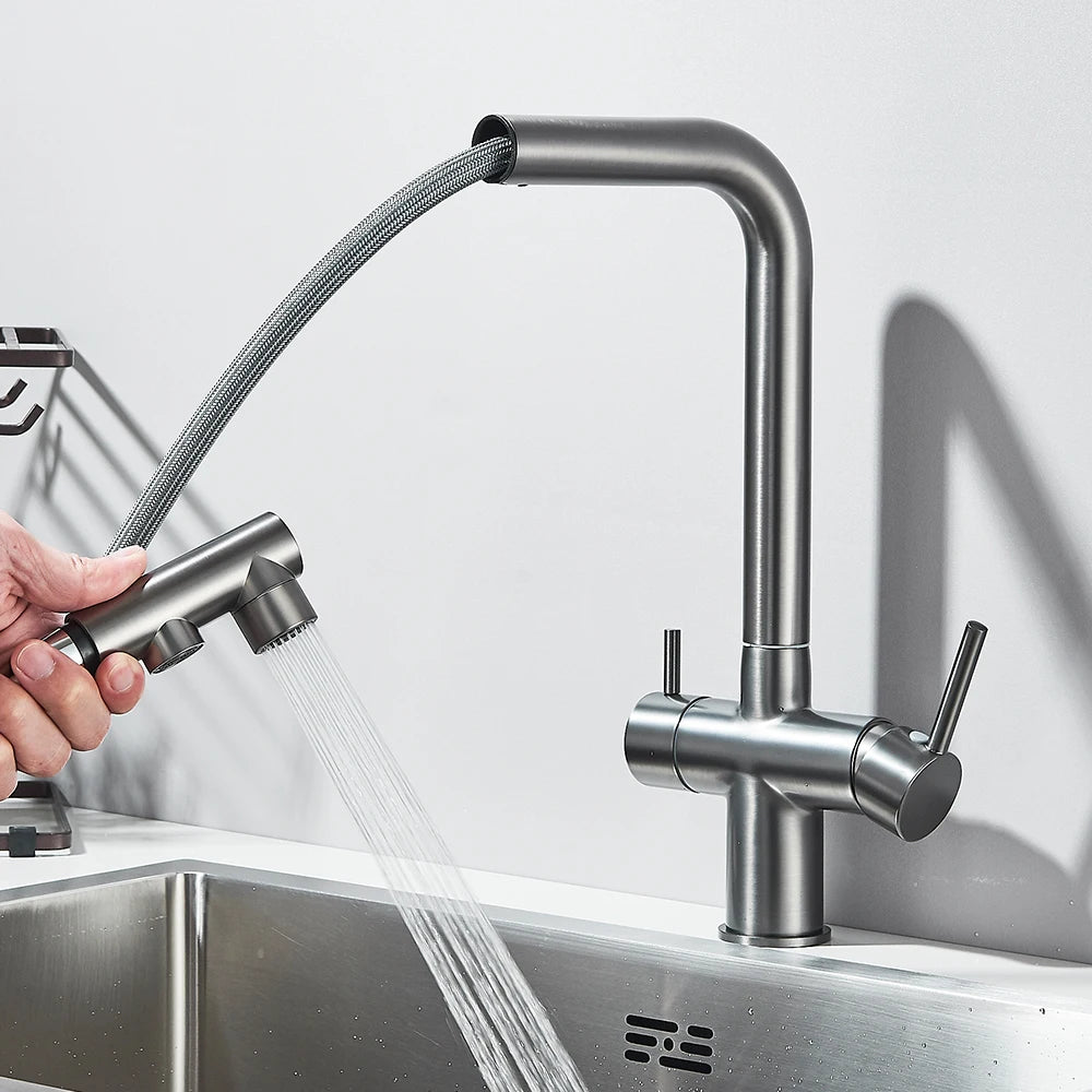 Gold Filter Kitchen Faucets Dual Spout Pull Out Kitchen Sink Water Tap Hot Cold Purification Water Crane for Kitchen