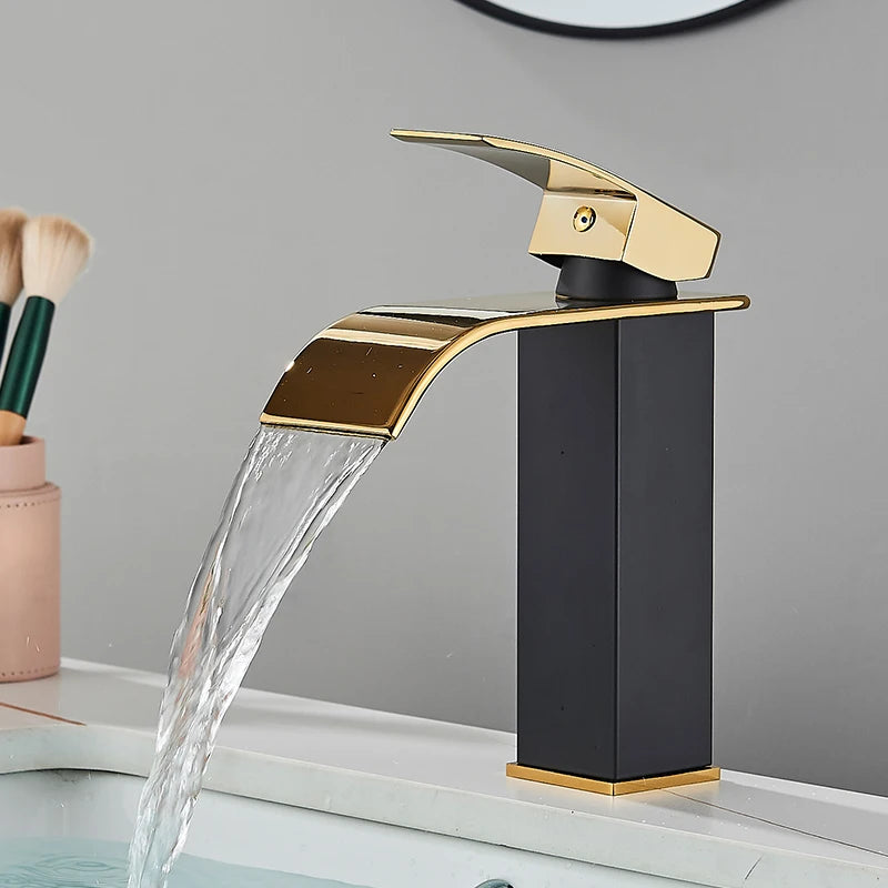 Gold Bathroom Basin Faucet Waterfall Outlet Deck Installation Sink Mixer Cold And Hot Mixing Crane Kitchen Washing Tap