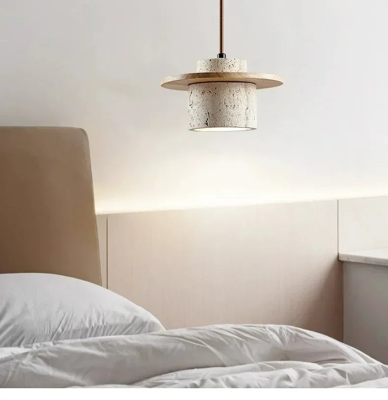 High Quality Stone Pendant Light Indoor LED Walnut/Log Yellow Travertine Chandelier Parlor Bedroom Cafe Bar Hanging Light
