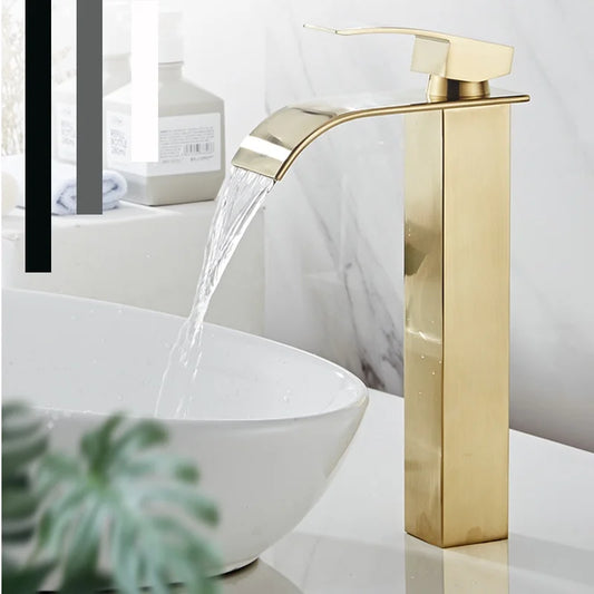 Brushed Gold Tall Bathroom Sink Faucet Waterfall Bathroom Faucet for Vessel Sinks Single Handle Bathroom Vanity Faucet