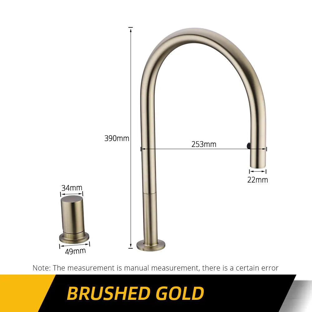 Brushed Gold Kitchen Faucet Invisible Pull Out Spray Mixer Double Hole Single Handle Solid Brass Hot and Cold Separate Sink Tap