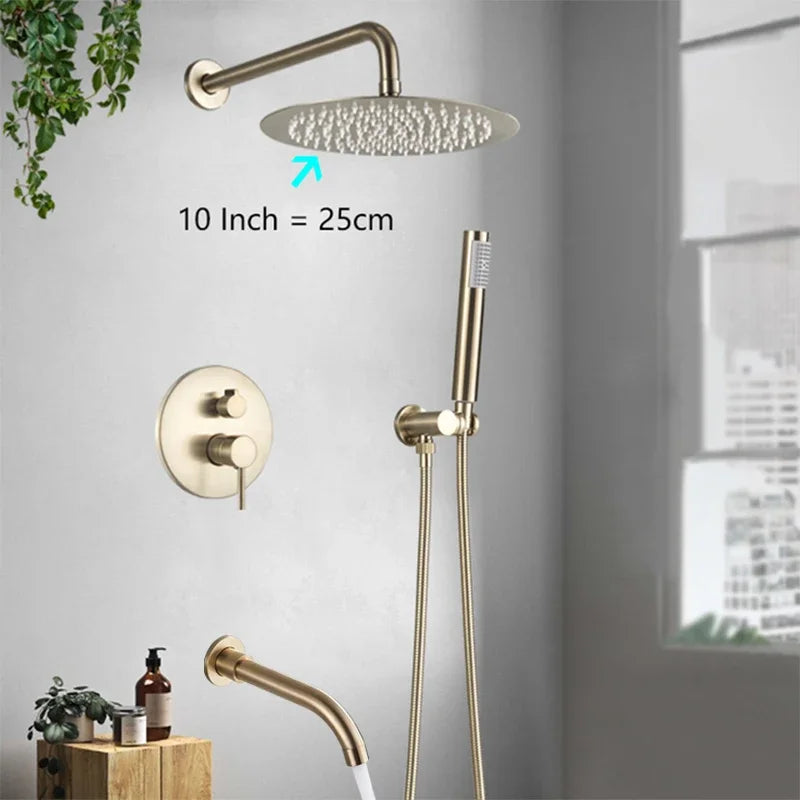 Bathroom Rainfall Shower Tap Brushed Gold Shower Faucet Set Wall Mount Round Shap Bathtub Shower With ABS Shower  Mixer Tap