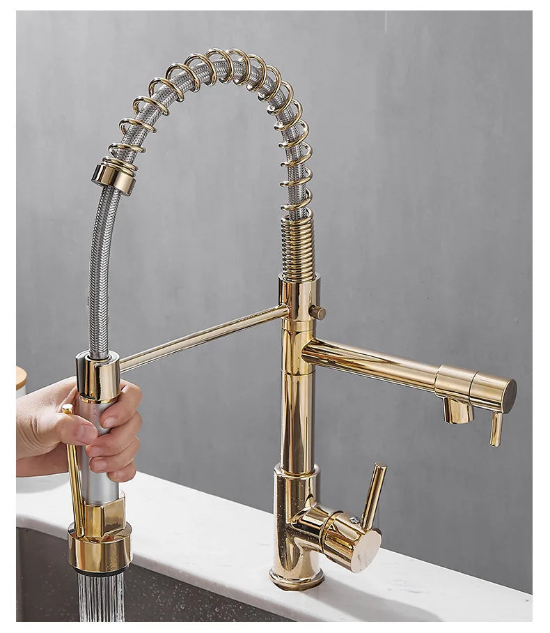 Black and Golden Brass Pulling Kitchen Sink Faucets Dual Outlet Water-Cold Hot Washing Basin Tap Deck Mounted Spring Mixer Taps