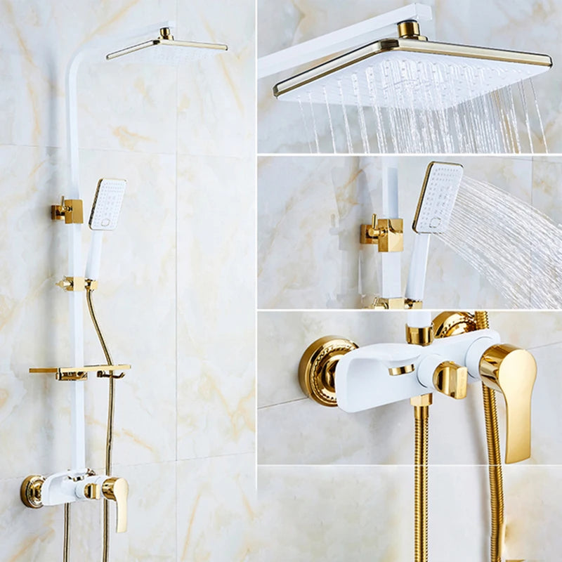 KEMAIDI Bathroom Shower Set W/ Shelf Wall Mount Shower System Hot & Cold Mixer White Gold Rainfall Bathtub Shower Faucet Set