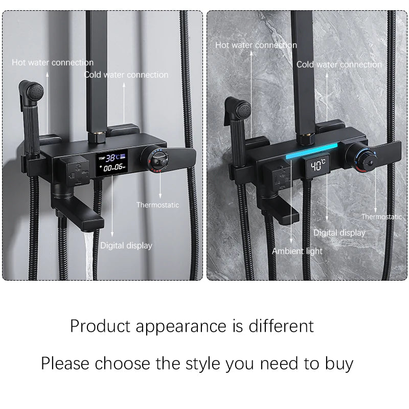 Brass Bathroom Shower Faucet Set Thermostatic Digital Display Shower System With Rain Shower And Mixer 30cm*30cm Nozzle