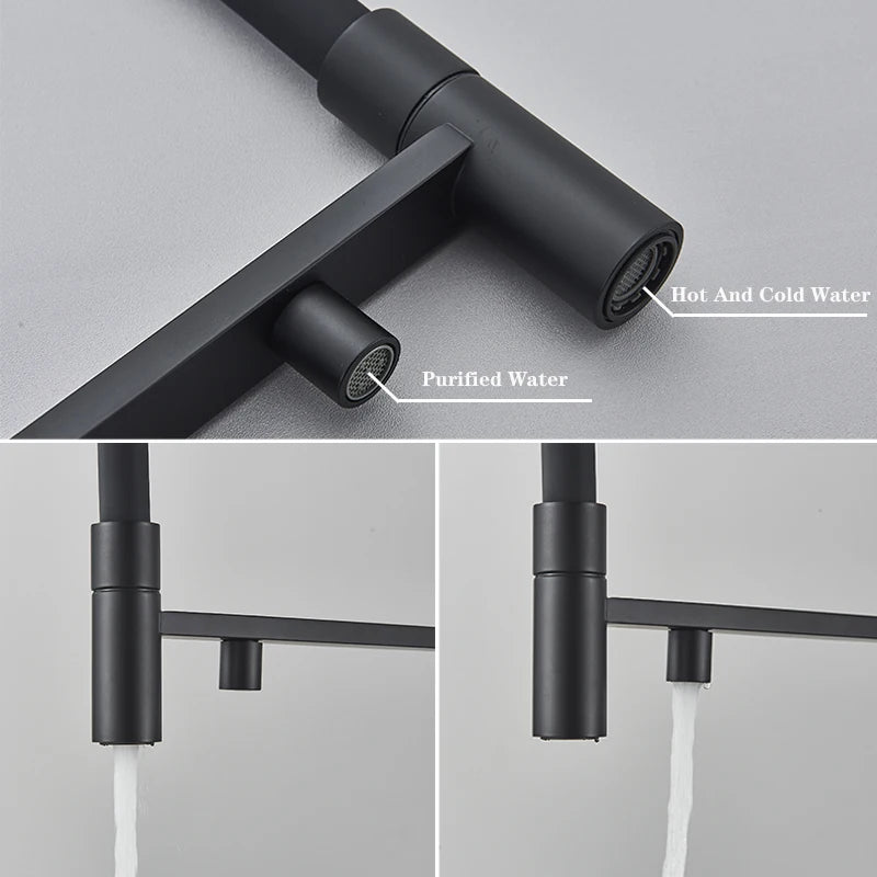 Black Filtered Kitchen Faucet Pull Out Spray Kitchen Purified Faucet 360 Rotation Filter Tap 3 Ways Sink Drink Water Faucet