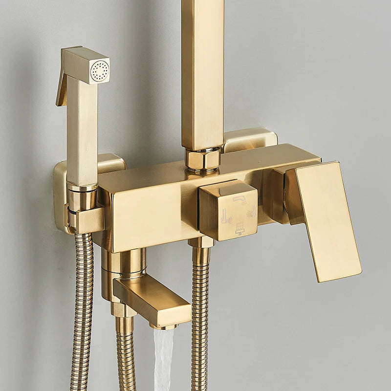 Brushed Golden Shower Faucet Bathroom Rainfall Shower Set Wall Mount