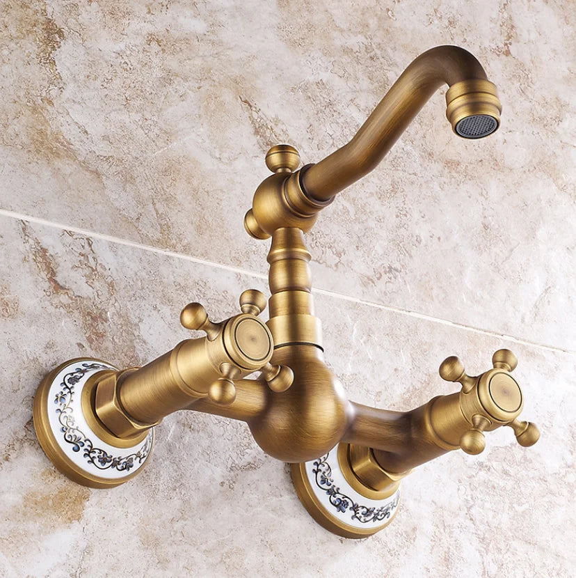 Antique brass ceramic into the wall faucet bathroom washbasin basin wall mount double handle cold and hot water faucet