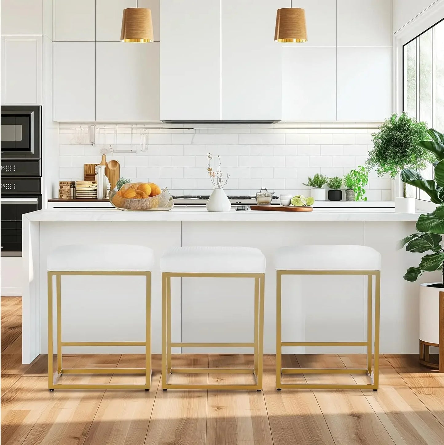 Black Counter Height 24" Bar Stools Kitchen Counter Backless Modern Square Barstools Upholstered Faux Leather Stools