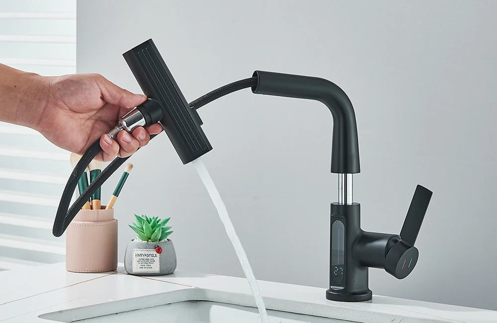 Waterfall Temperature Digital Display Basin Faucet Lift Up Down Stream Sprayer Hot Cold Water Sink Mixer Wash Tap For Bathroom