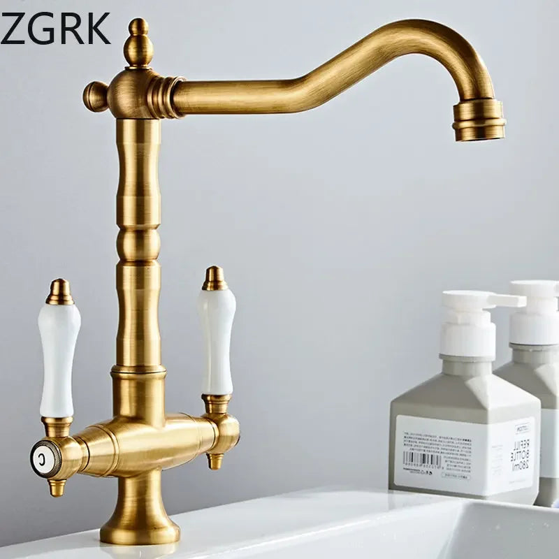 Faucet for Kitchen Dual Handle Antique Brass Retro Faucet 360 Degree Rotation Kitchen Sink Taps Deck Mounted Bathroom Sink Mixer