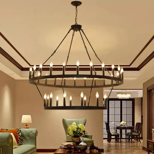 Vintage American Wrought Iron Industrial Style Black Living Room Chandelier
