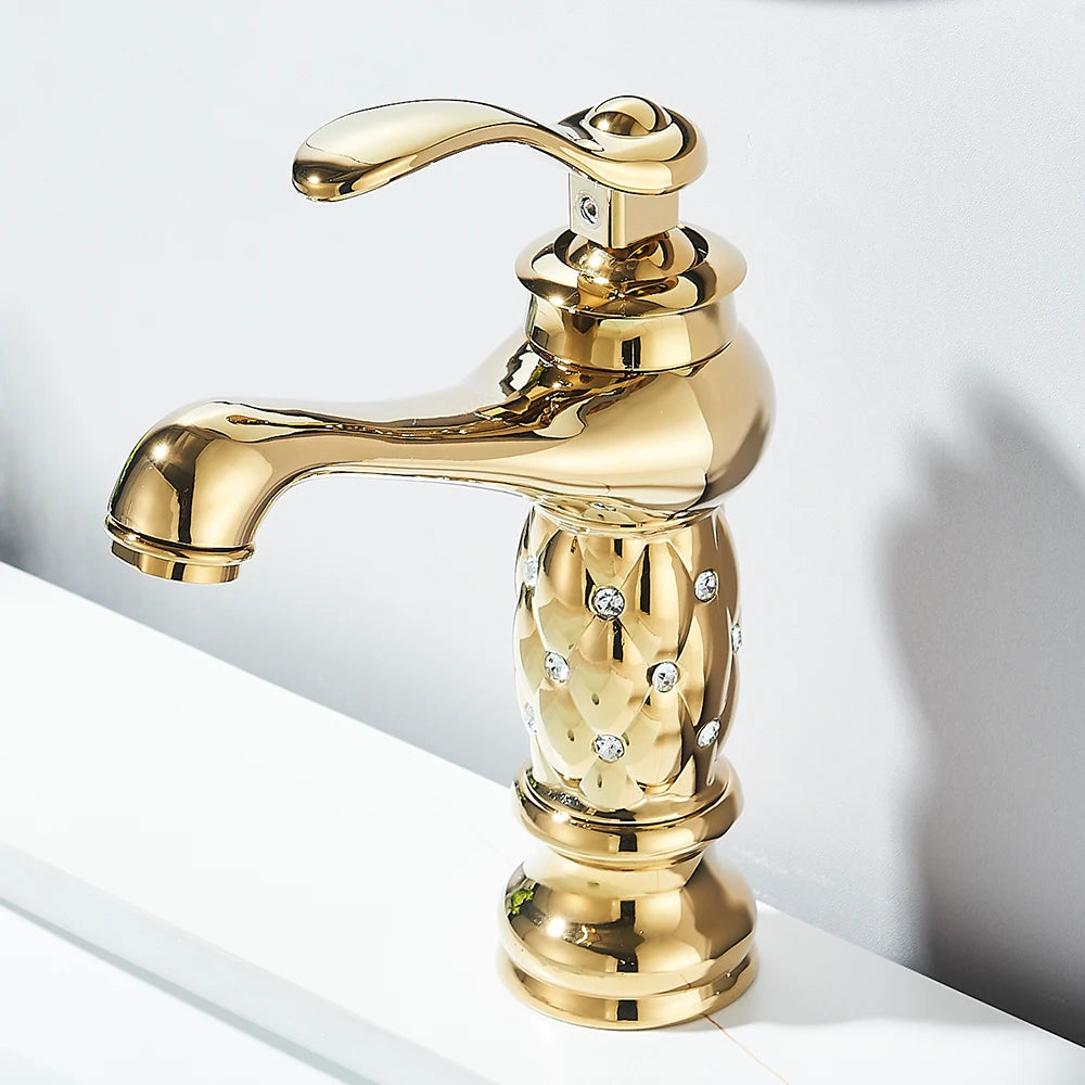 Bathroom Sink Faucets Diamond Gold Basin Faucet Single Handle Mixer Tap Hot Cold Water Mixer Water Crane