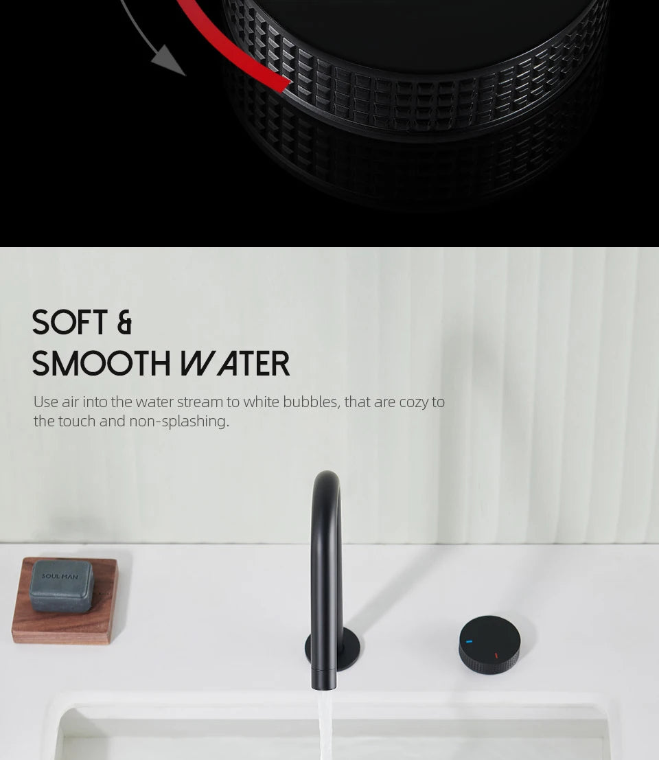 Matte Black Basin faucet  Single Knurled Knob Deck Mounted Widerspread Mixer Hot And Cold Sink Tap 2 Set Brass Restroom Mixer