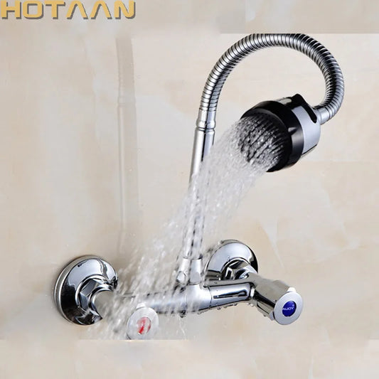 Wall Mounted Kitchen Faucet Hot & Cold Water Mixer Crane Dual Handle Dual Hole Kitchen Sink Tap Copper Chrome Plated YT-6029