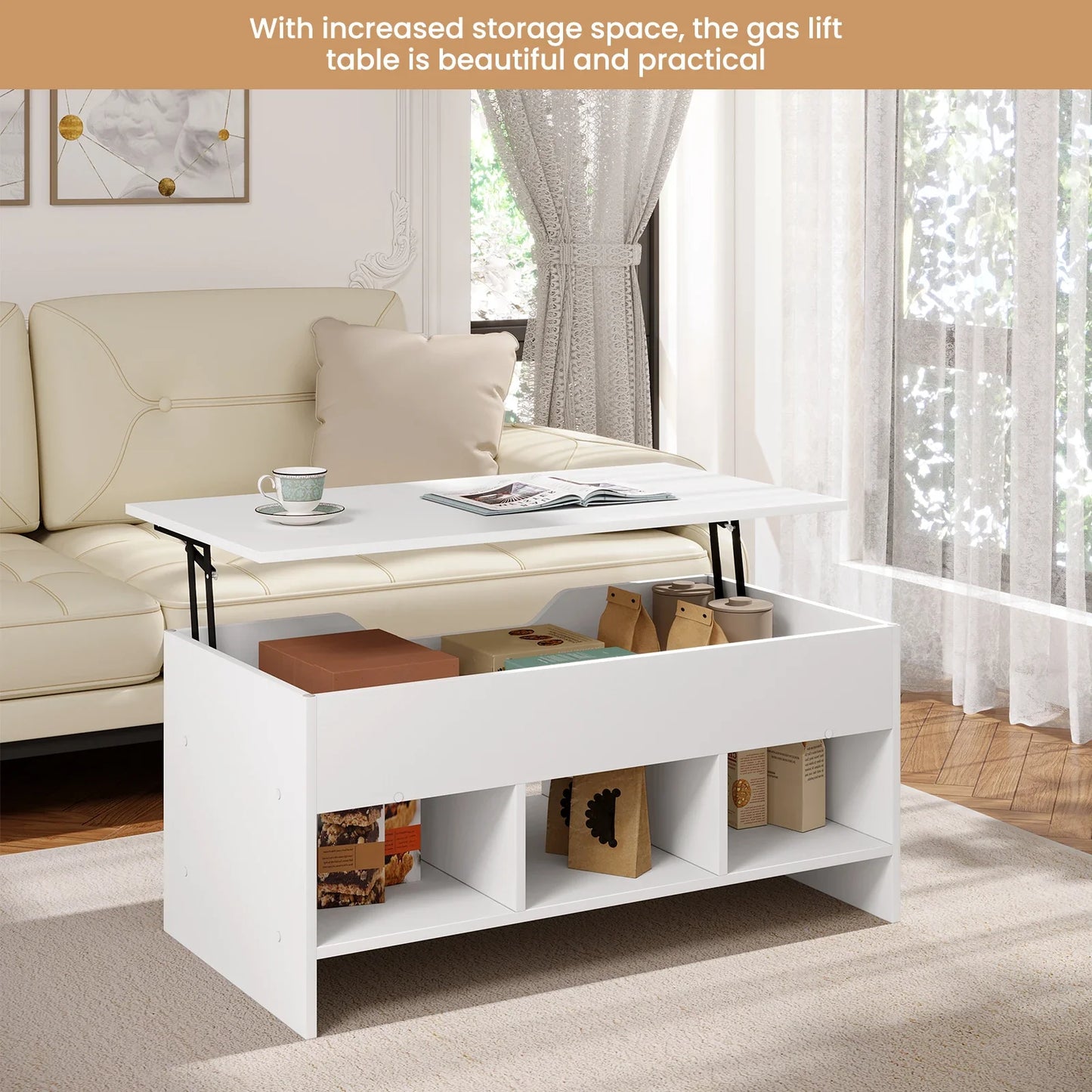 Liftable Coffee Tea Table with Storage White Side Table Height-adjustable Rectangular Sofa Table for Living Room Bedroom