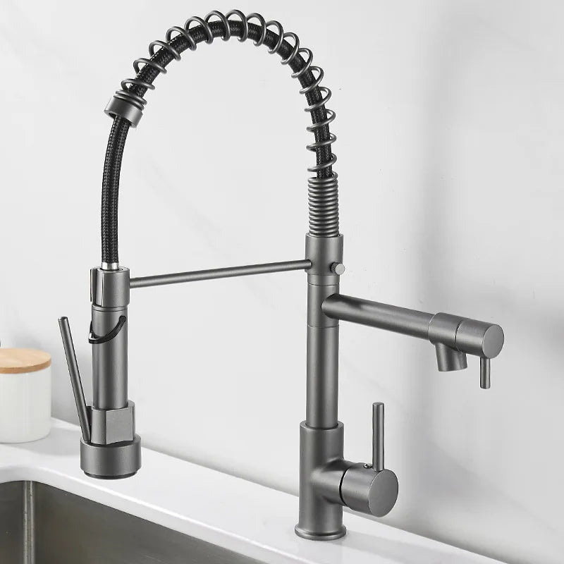Black and Golden Brass Pulling Kitchen Sink Faucets Dual Outlet Water-Cold Hot Washing Basin Tap Deck Mounted Spring Mixer Taps