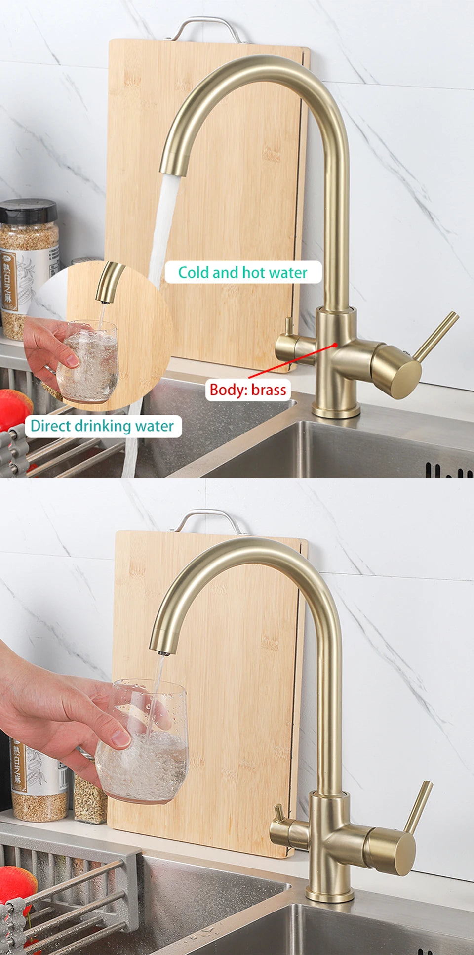 ULA Filtered Kitchen Faucet Gold Purifier Faucet Dual Sprayer Drinking Water Mixer Tap Nozzle Brass Kitchen Sink Mixer Torneira