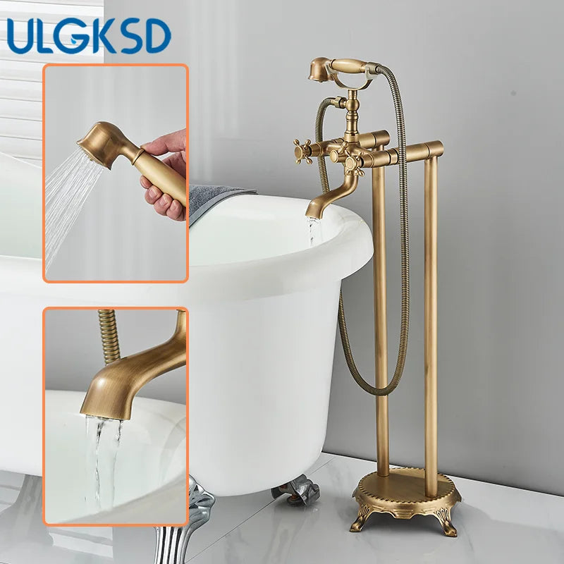 Floor Standing Double Tube Double Handle Bathtub Faucet Set for Bathroom With Rainfall Handshower Tub Faucet Freestanding Crane