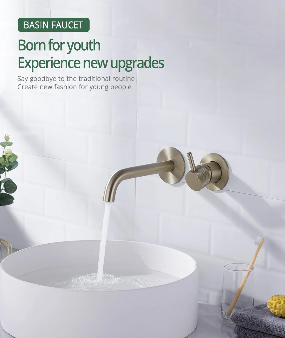 Washbasin Faucet Bathroom Sink Faucets Knurled Brushed Gold Wall Mounted Water Mixer Tap Gunmetal Brass Hot &Cold