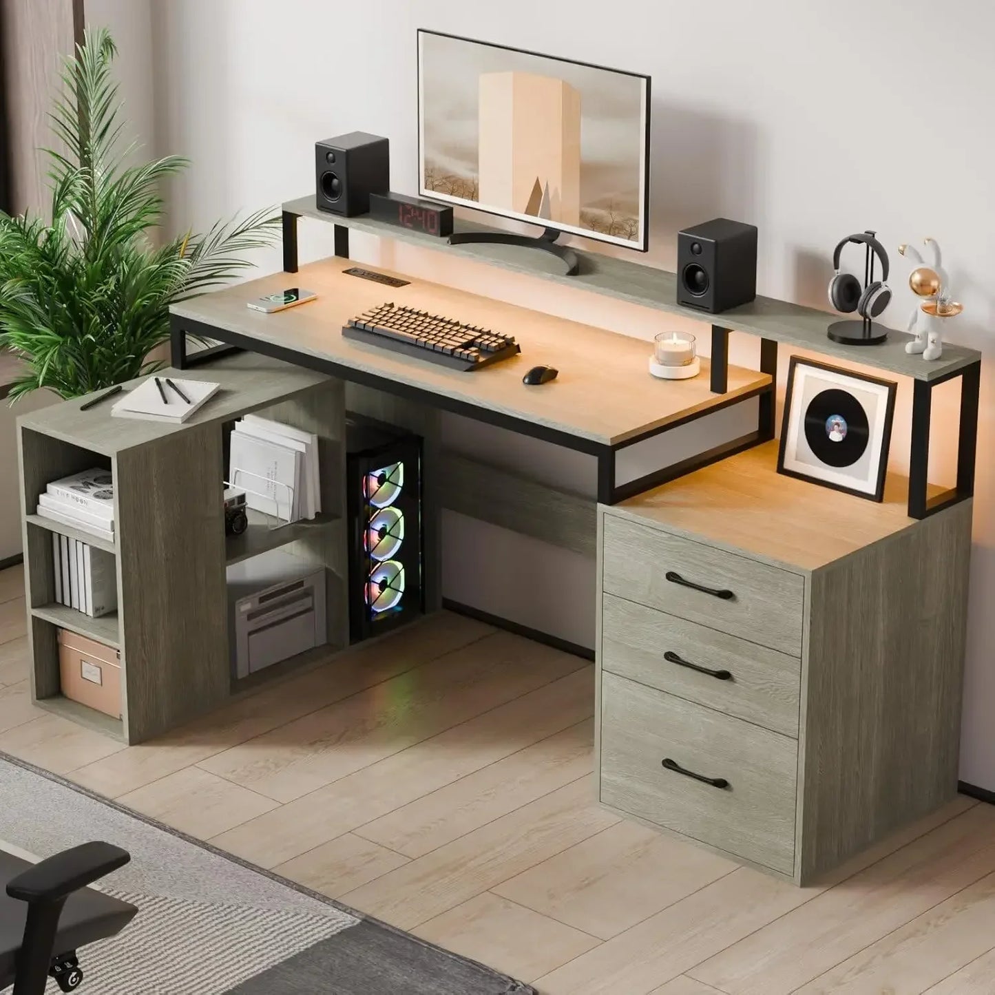 L Shaped Computer Desk with 3 Drawers, 65.7" Large Desk with LED Lights and Power Outlet