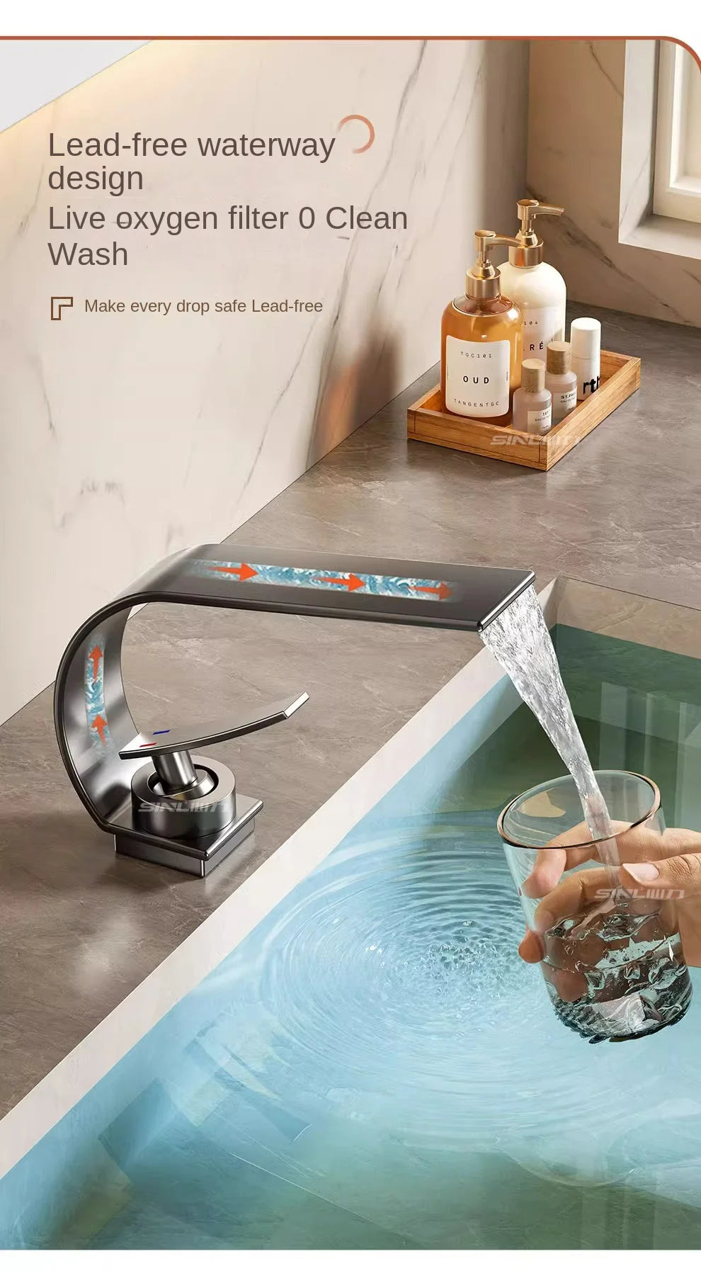 All copper waterfall faucet washbasin bathroom bathroom cabinet sink washbasin counter hot and cold water faucet minimalist
