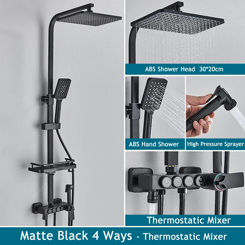 Black Gold Brass  Rainfall Shower Faucet Set Stainless Steel Liftable Shower Hot Cold Mixed Water Bathtub Mixer System