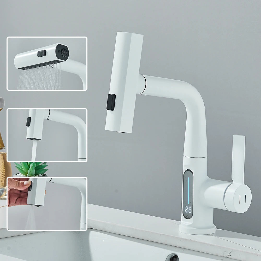 Waterfall Temperature Digital Display Basin Faucet Lift Up Down Stream Sprayer Hot Cold Water Sink Mixer Wash Tap For Bathroom