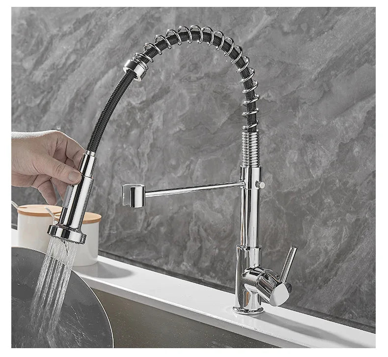 Black and Golden Brass Pulling Kitchen Sink Faucets Dual Outlet Water-Cold Hot Washing Basin Tap Deck Mounted Spring Mixer Taps