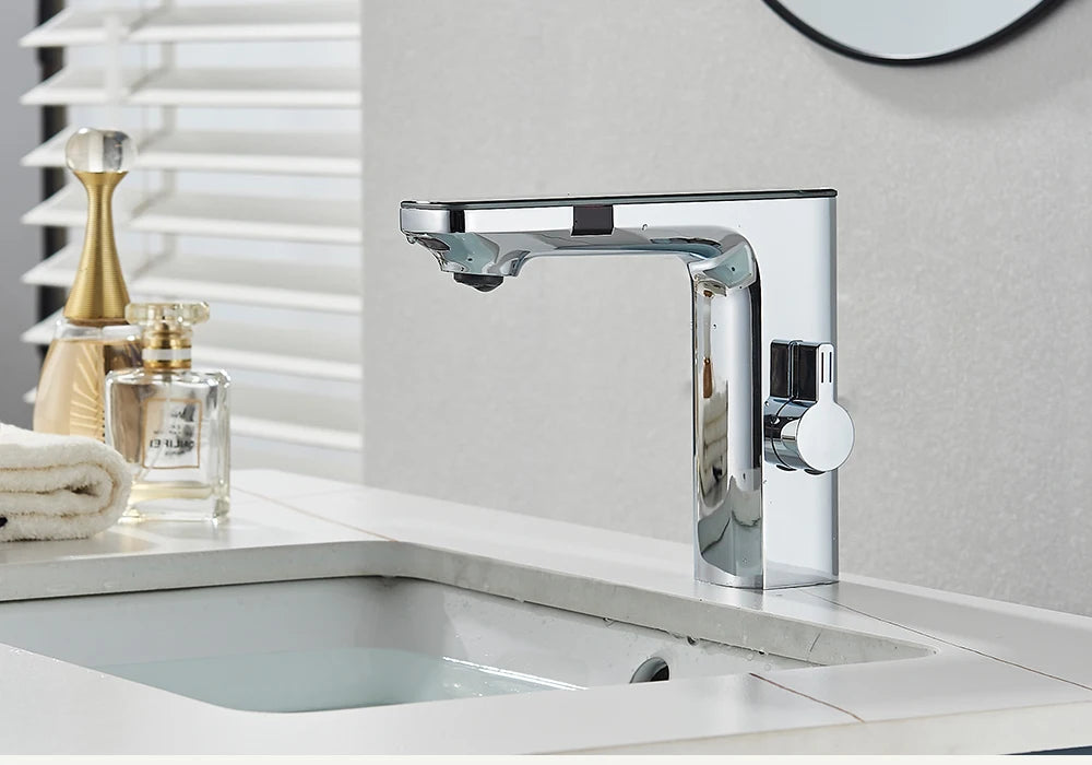 Touchless Sensor Basin Faucet Brass Smart Digital Display Bathroom Sink Faucet Grey Sense Hot Cold Water Mixer Tap Battery Power