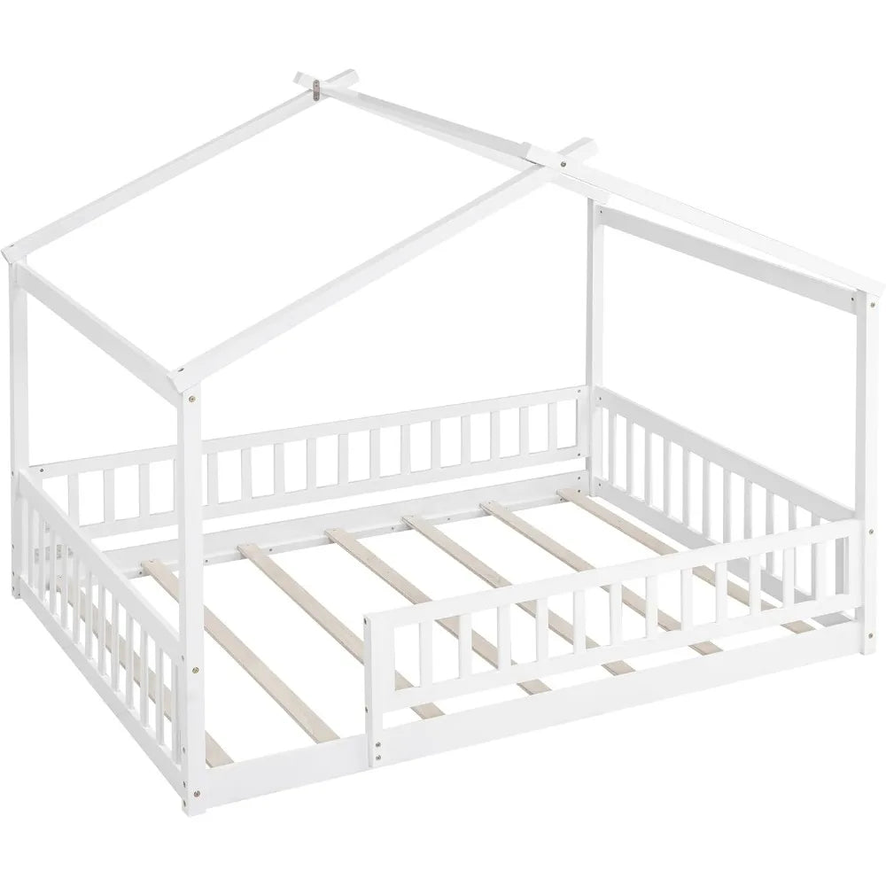 House Style Bed Full Size Floor Bed with Fence Railings