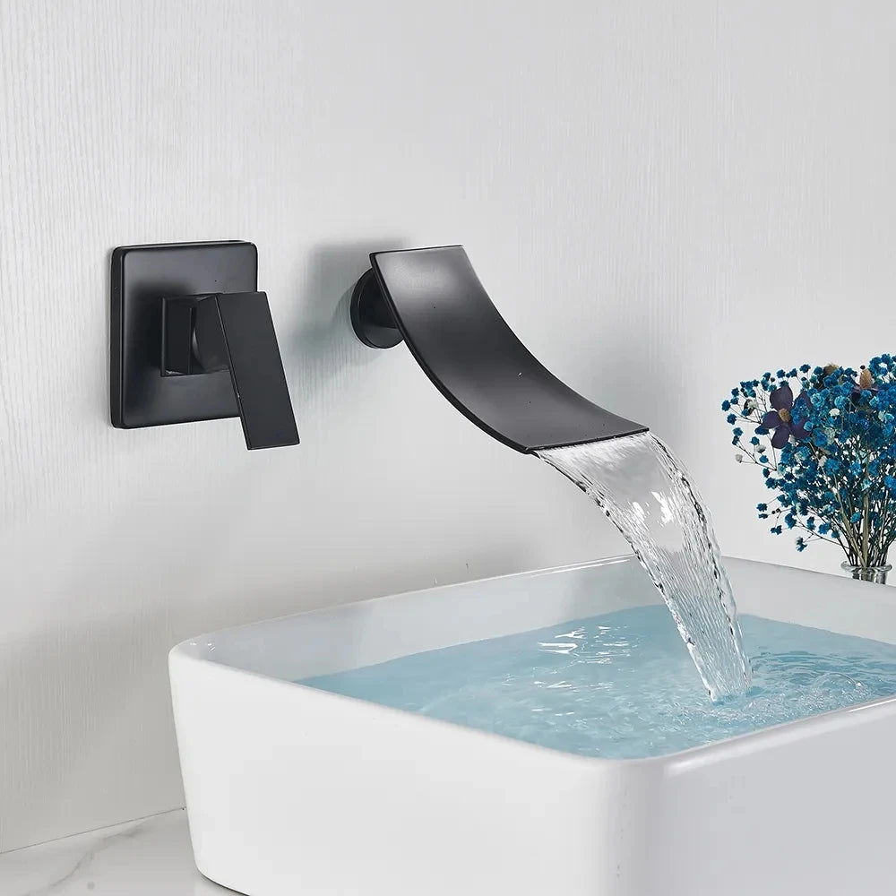 Shinesia Waterfall Bathroom Faucet Concealed Wall Mounted Bathroom Sink Mixer Tap Single Lever Wash Basin Faucets Gold/Black