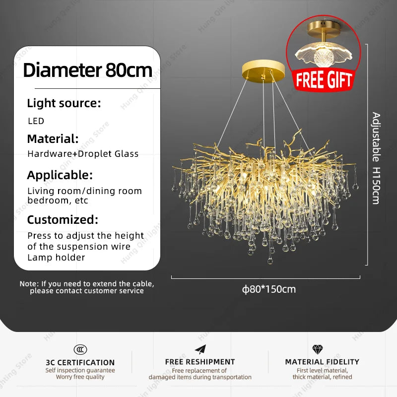 Hanging Chandelier for Living Room Dining Room LED Chandelier Hanging Ceiling Pendant Light Luxury Led K9 Crystal Pendant Light