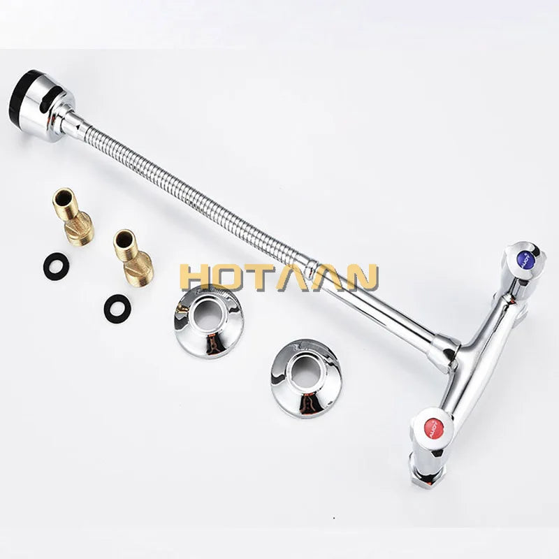 Wall Mounted Kitchen Faucet Hot & Cold Water Mixer Crane Dual Handle Dual Hole Kitchen Sink Tap Copper Chrome Plated YT-6029