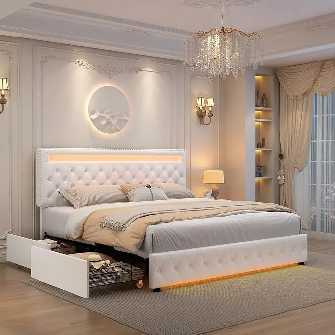 Queen Led Bed Frame with 4 Storage Drawers and Smart Control LED Lights