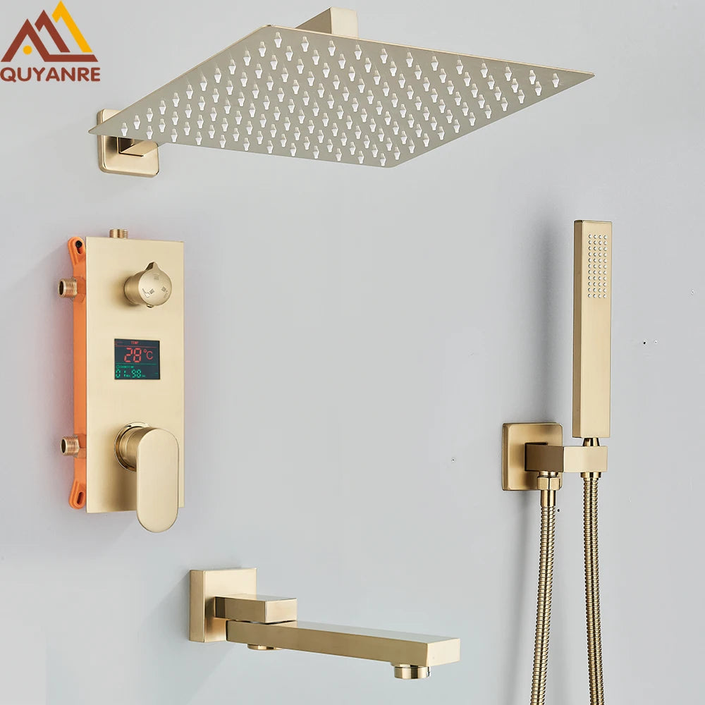 Brushed Gold Digital Display Concealed Shower System 2/3 way Shower Set Hydropower Mixer Swivel Spout Built in Wall Shower Taps