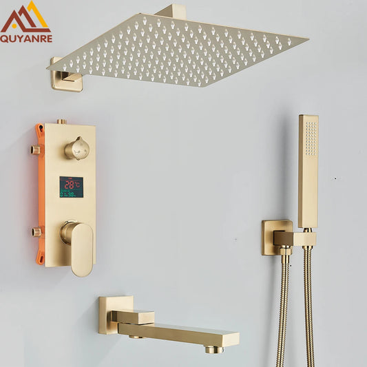 Brushed Gold Digital Display Concealed Shower System 2/3 way Shower Set Hydropower Mixer Swivel Spout Built in Wall Shower Taps