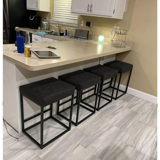 Black Counter Height 24" Bar Stools Kitchen Counter Backless Modern Square Barstools Upholstered Faux Leather Stools