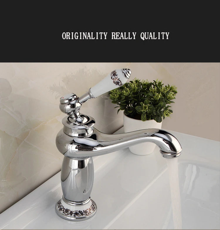 Retro European Bathroom Basin Faucets Gold Mixer Tap Ceramic Decoration Plating Chrome Single Handle Hot And Cold Deck Mounted