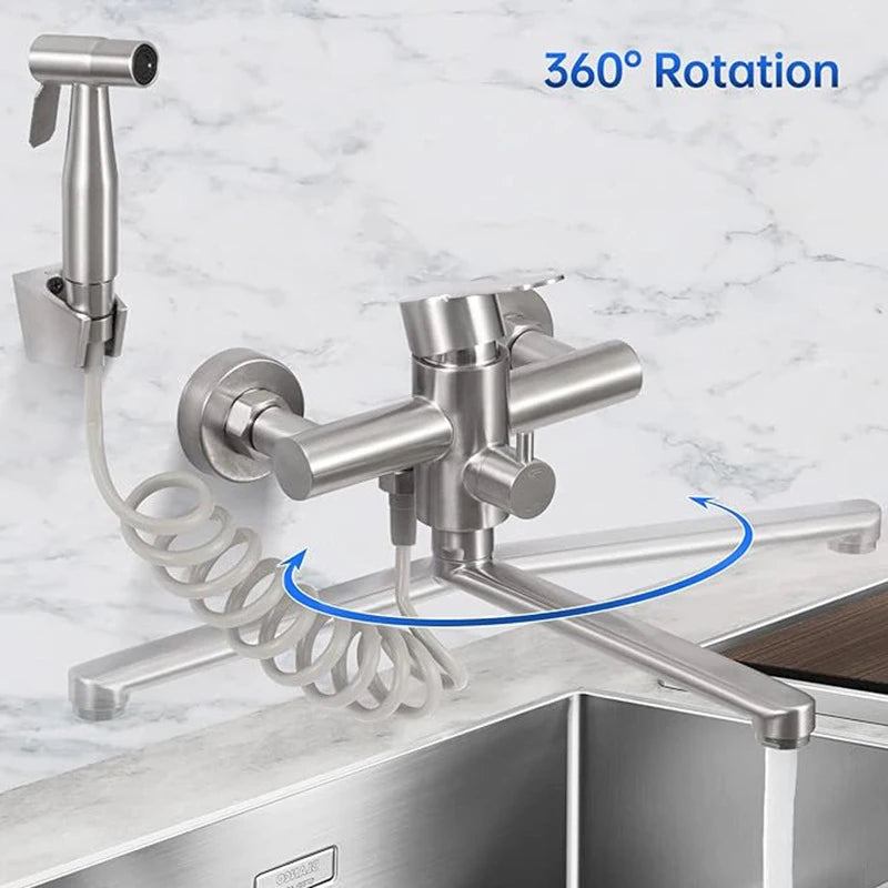 Alenartwater Kitchen Faucet Wall Mounted Rotable Sink Tap Dual Hole Single Handle Cold and Hot Water Mixer