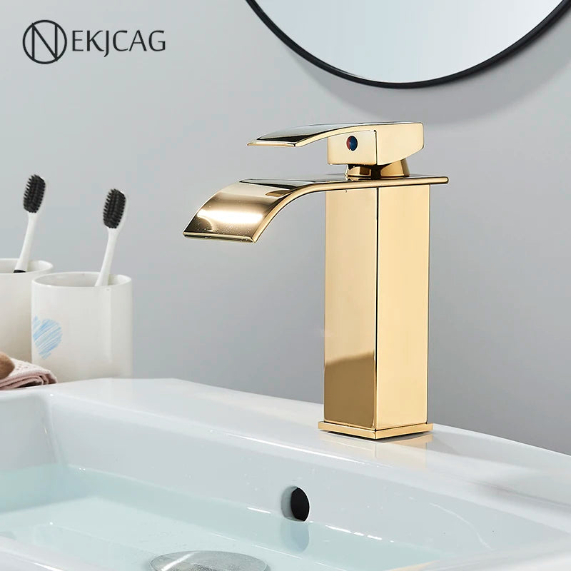 Gold Bathroom Basin Faucet Waterfall Outlet Deck Installation Sink Mixer Cold And Hot Mixing Crane Kitchen Washing Tap